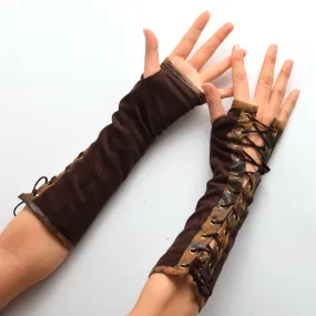 1pair Retro Women Lolita Steampunk Armband Gloves Vintage Victorian Tie-Up Brown Mitten Cosplay Accessory