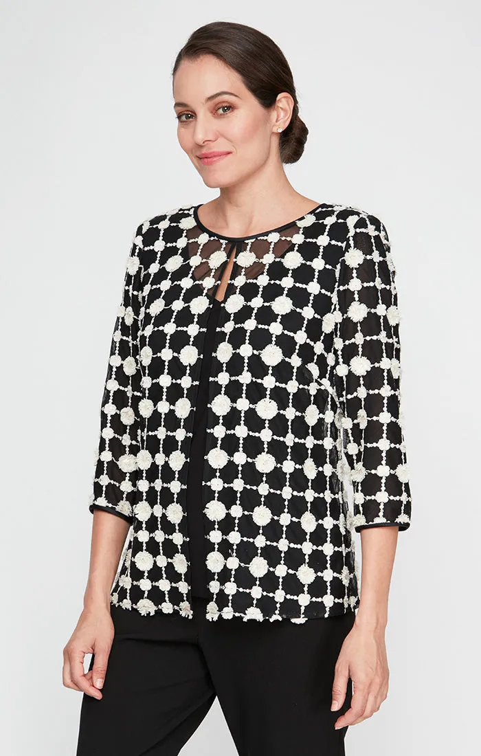 3/4 Sleeve Embroidered Mock Twinset with Attached Jacket and Hook Neck Closure