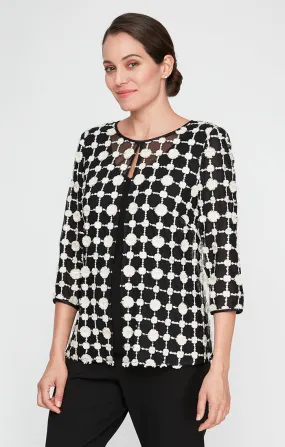 3/4 Sleeve Embroidered Mock Twinset with Attached Jacket and Hook Neck Closure