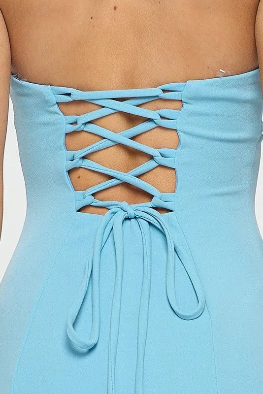 Baby Blue Strapless High Slit Ruffle Long Formal Dress