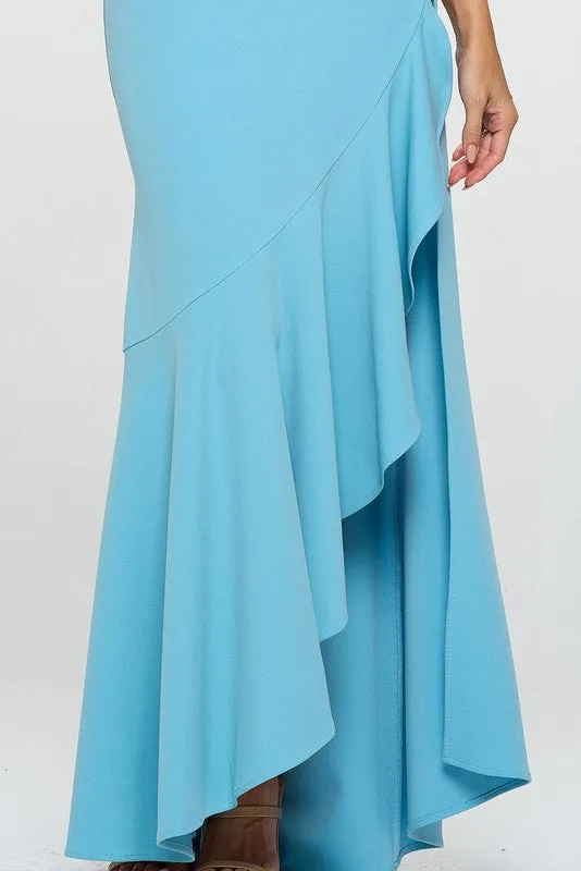 Baby Blue Strapless High Slit Ruffle Long Formal Dress