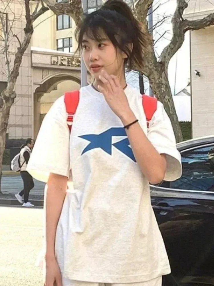 Back To School Joskaa Star Print  Short Sleeve T-shirts for Women American Retro Preppy Style Sporty Shorts Sweatpants Two Peice Sets Outfits
