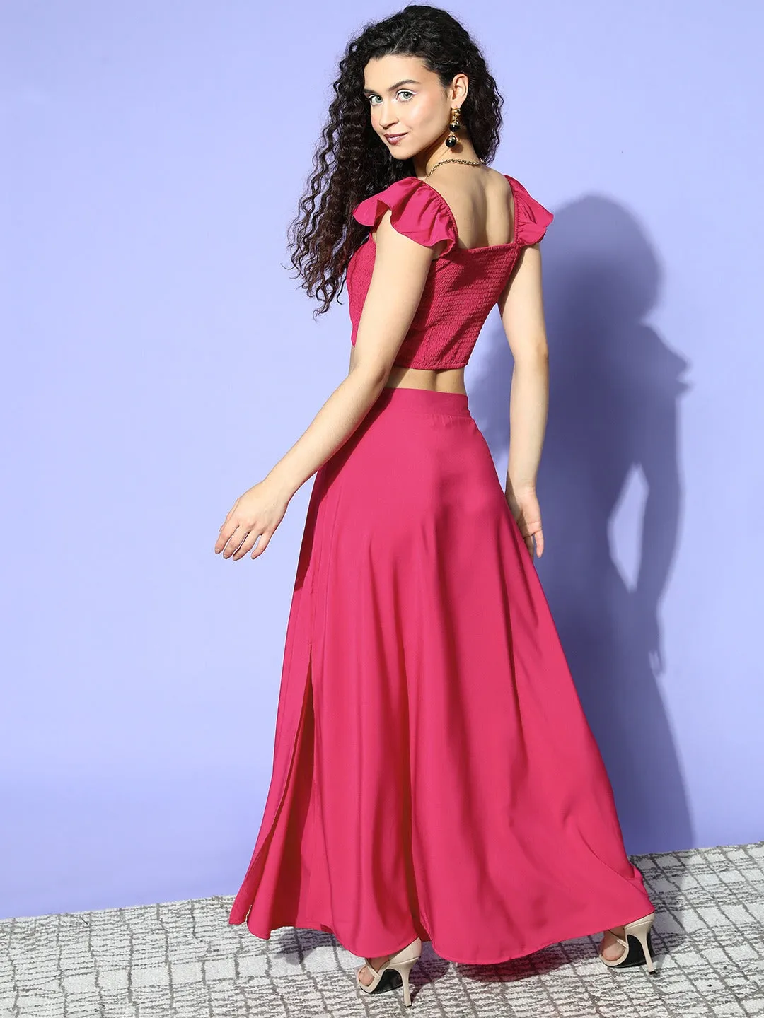 Berrylush Women Solid Pink Square Neck Side-Slit Smocked Crop Top & Maxi Skirt Co-Ord Set