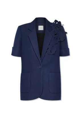 BLACK 3D APPLIQUE FLORAL HALF SLEEVE BLAZER