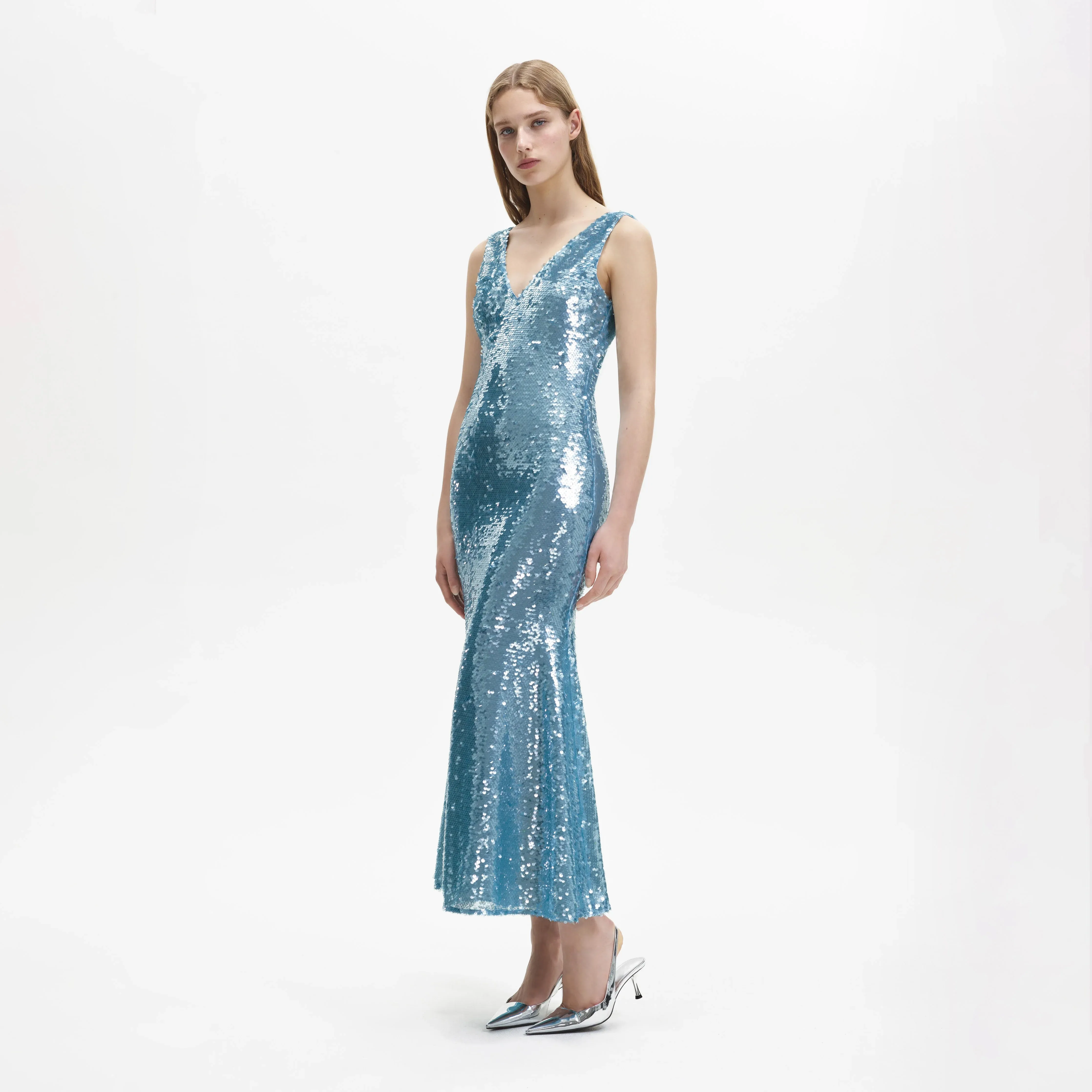 Blue Sequin V-Neck Maxi Dress
