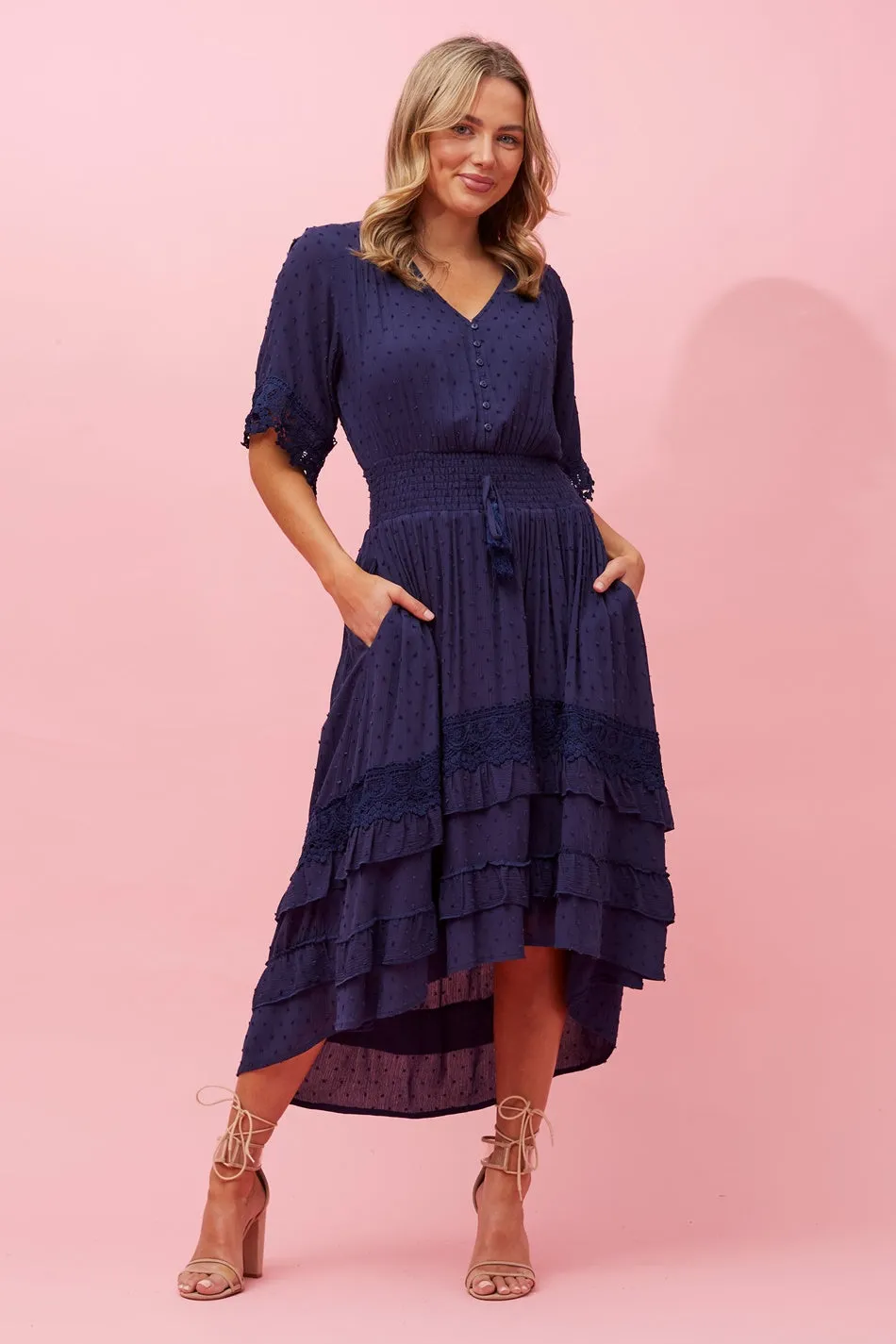 BRIANNA LACE TRIM MIDI DRESS