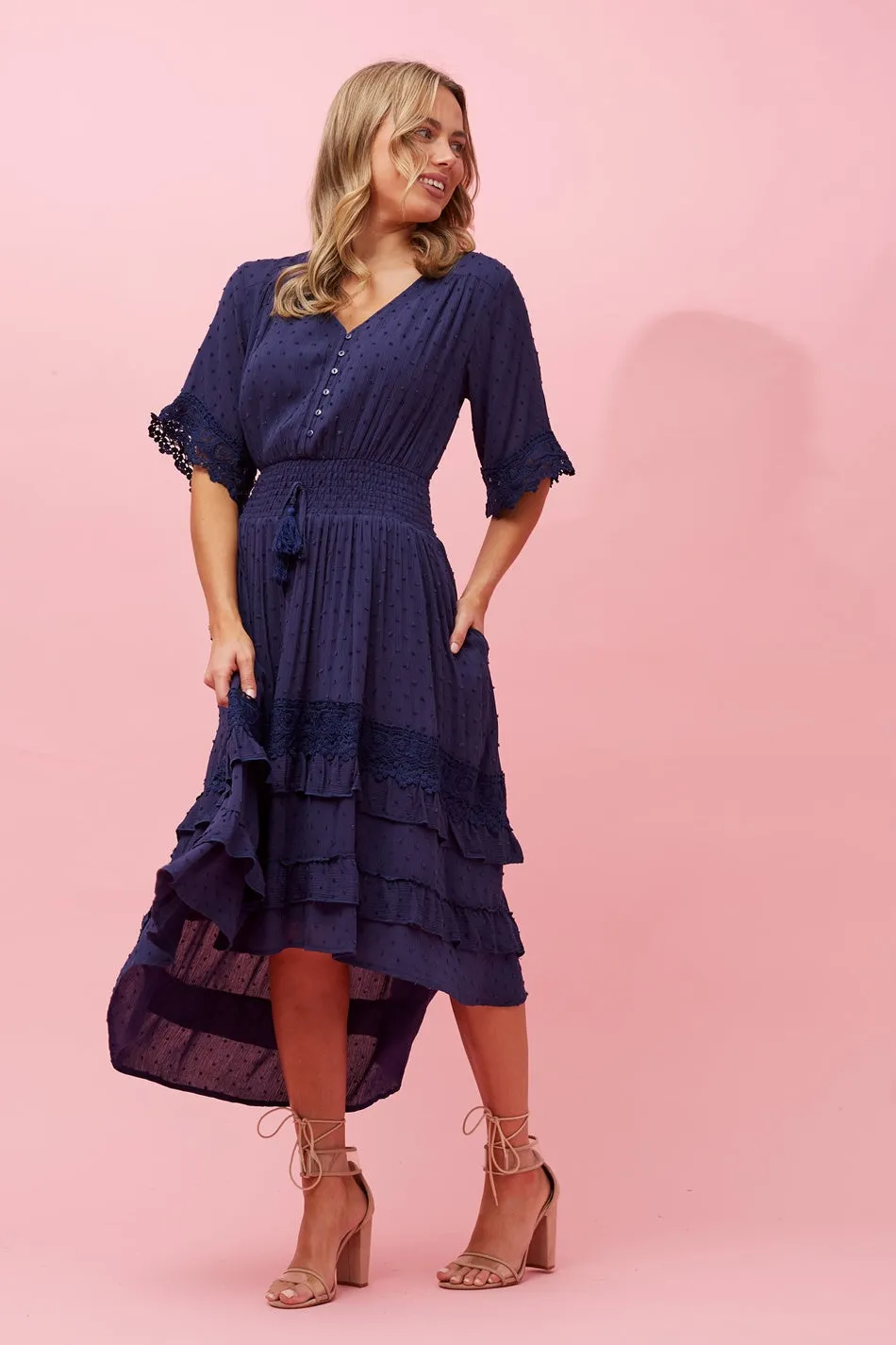 BRIANNA LACE TRIM MIDI DRESS