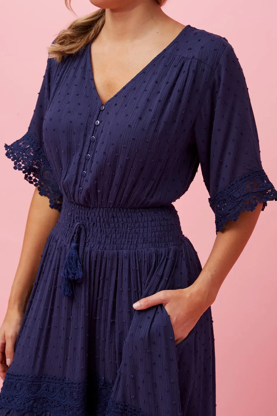 BRIANNA LACE TRIM MIDI DRESS