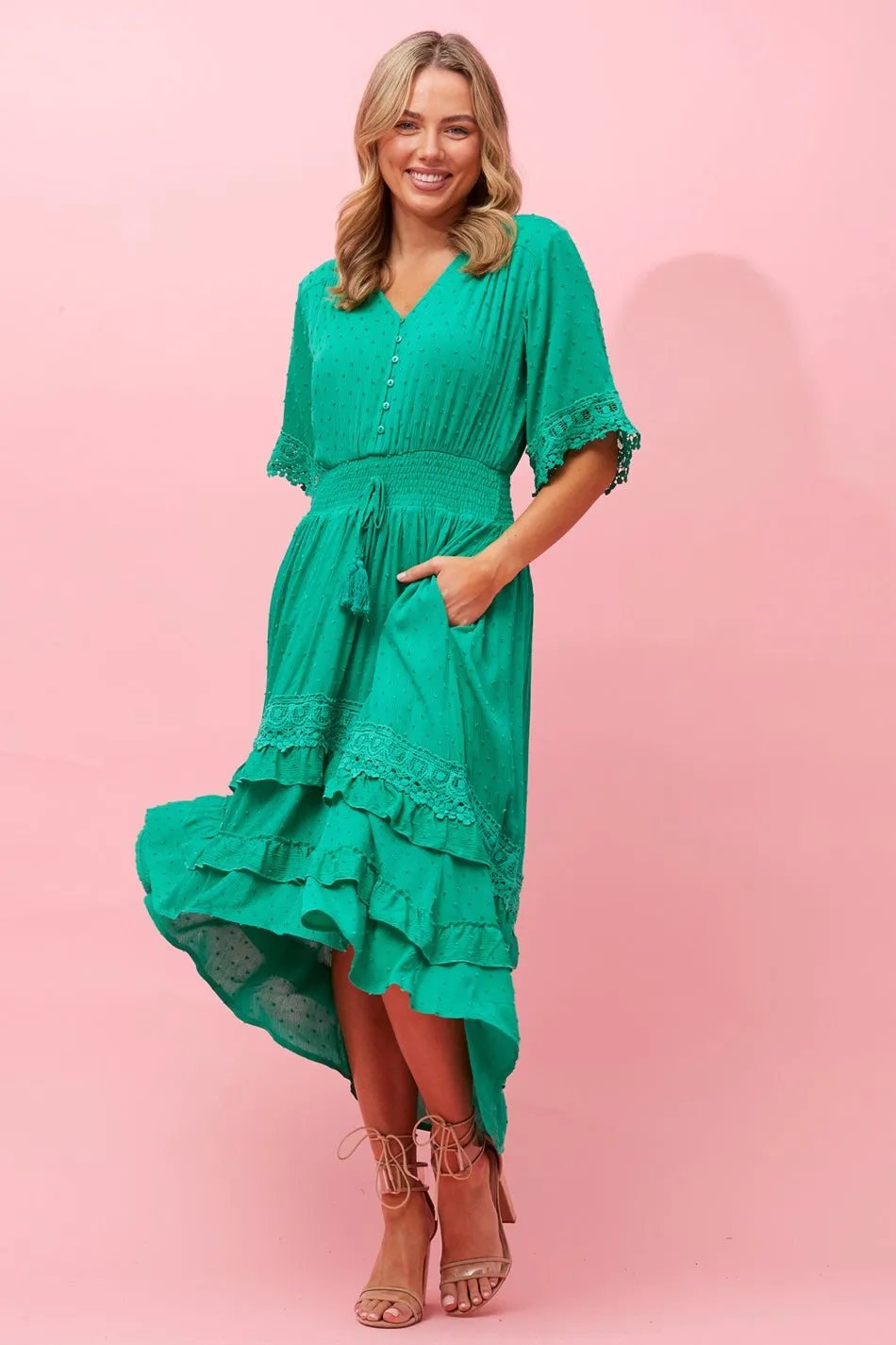 BRIANNA LACE TRIM MIDI DRESS