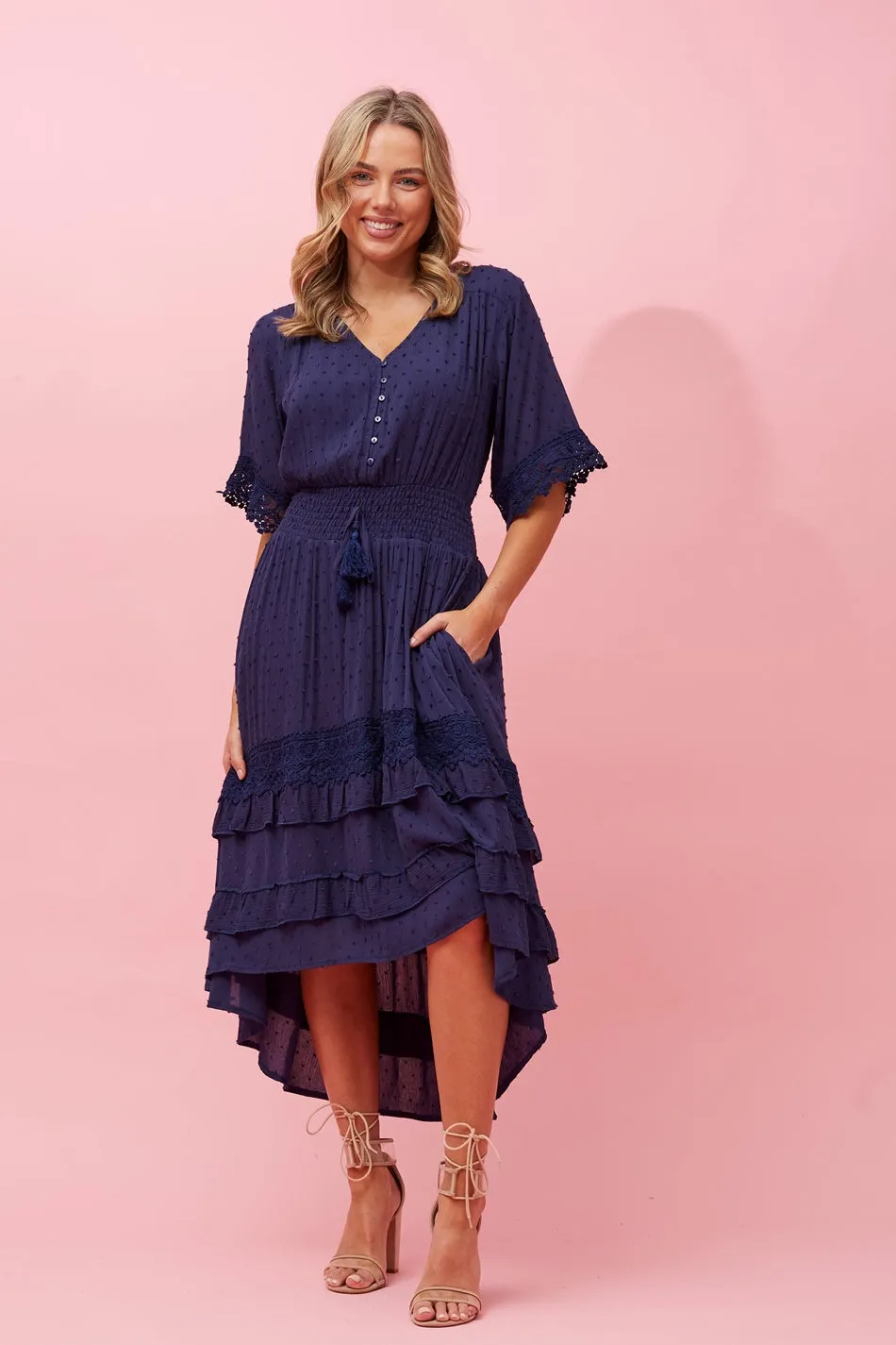 BRIANNA LACE TRIM MIDI DRESS
