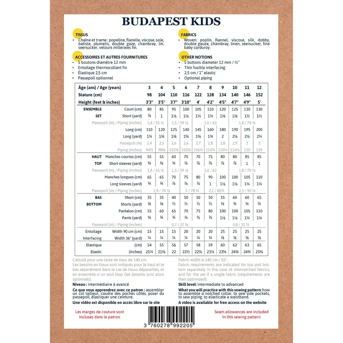 BUDAPEST Pajamas Sewing Pattern - Kids 3/12Y - Ikatee