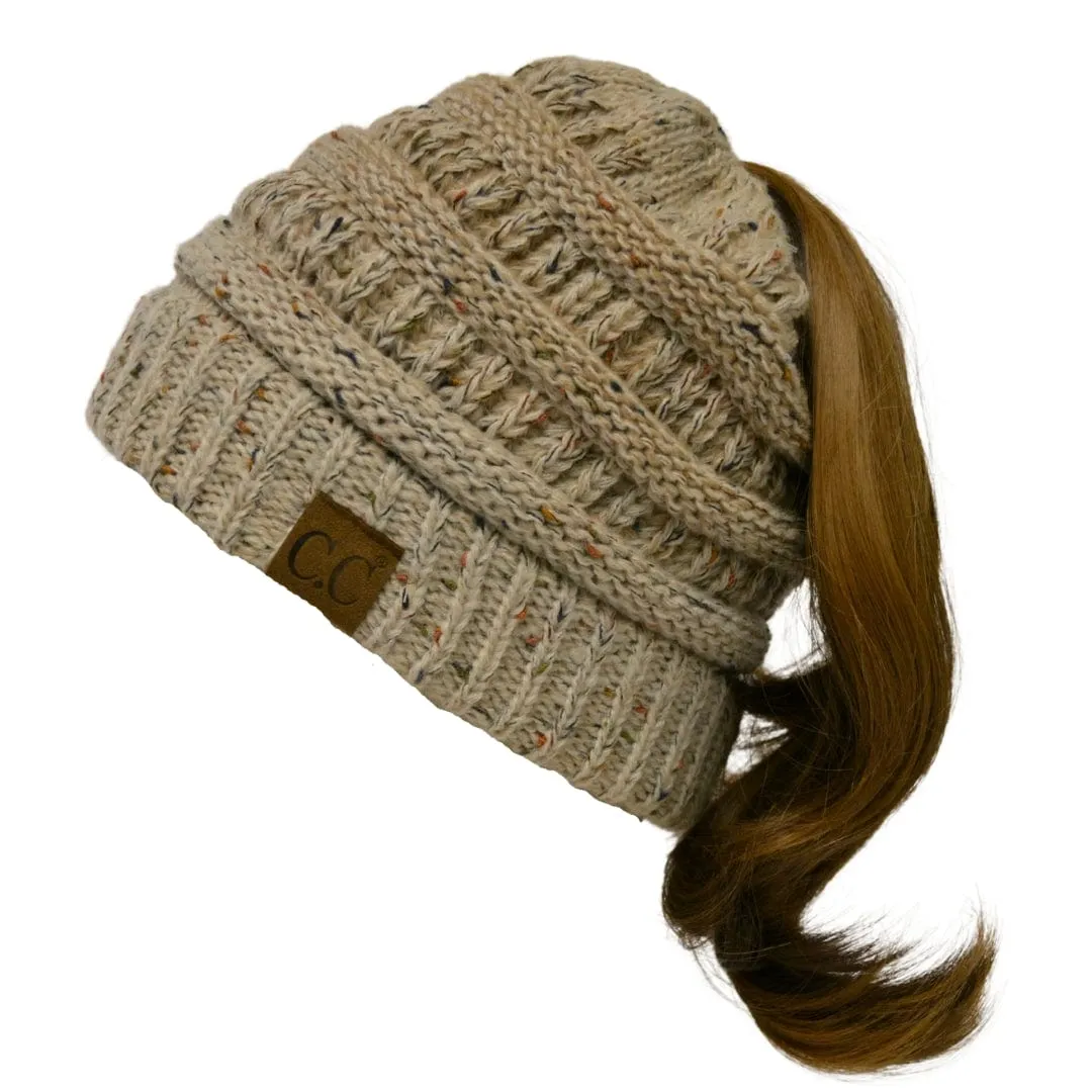C.C MB817 - Soft Stretch Cable Knit Warm Hat High Bun Ponytail Ombre Confetti Beanie
