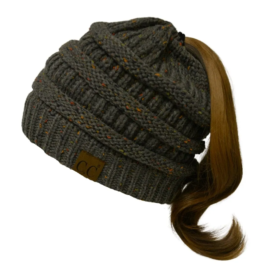 C.C MB817 - Soft Stretch Cable Knit Warm Hat High Bun Ponytail Ombre Confetti Beanie