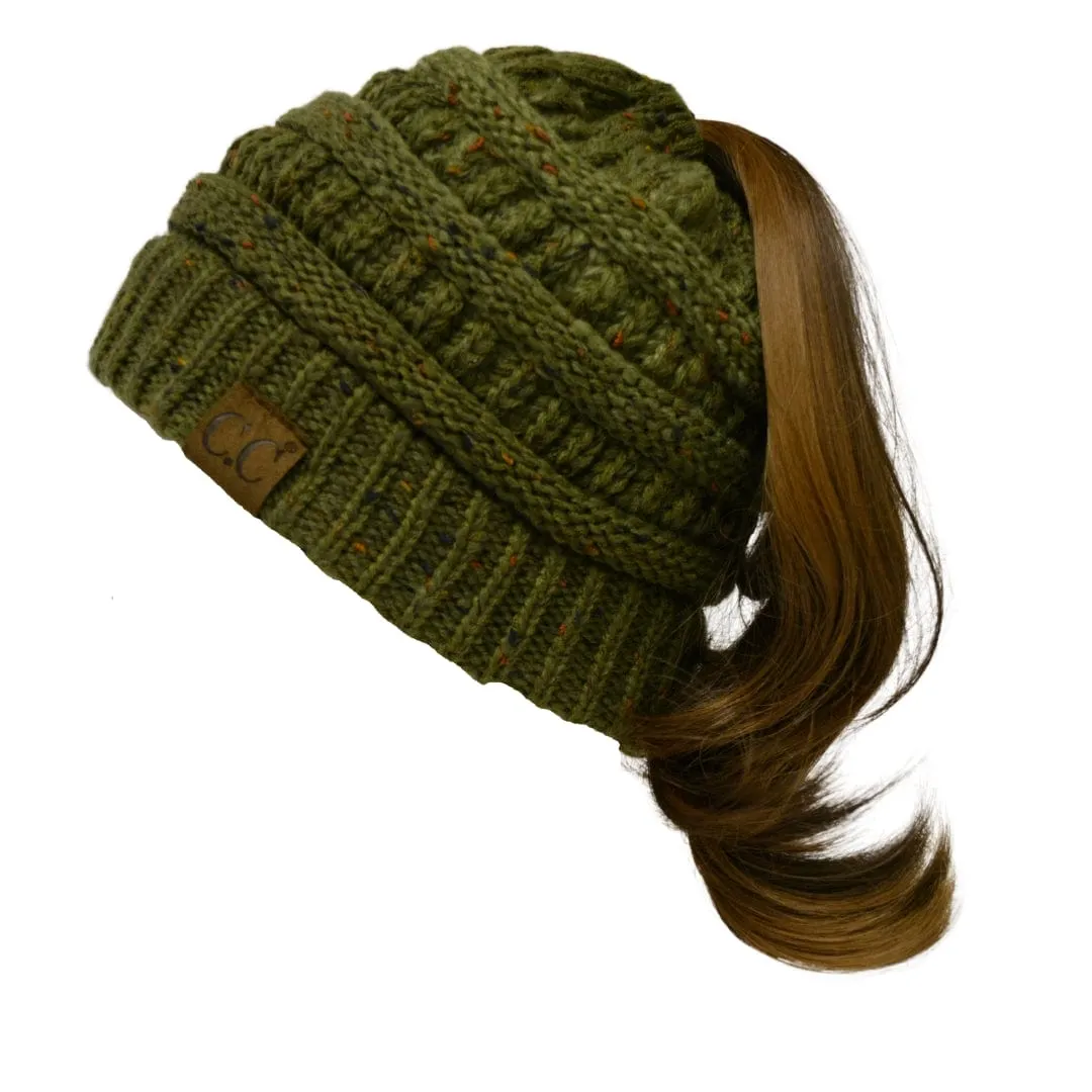 C.C MB817 - Soft Stretch Cable Knit Warm Hat High Bun Ponytail Ombre Confetti Beanie