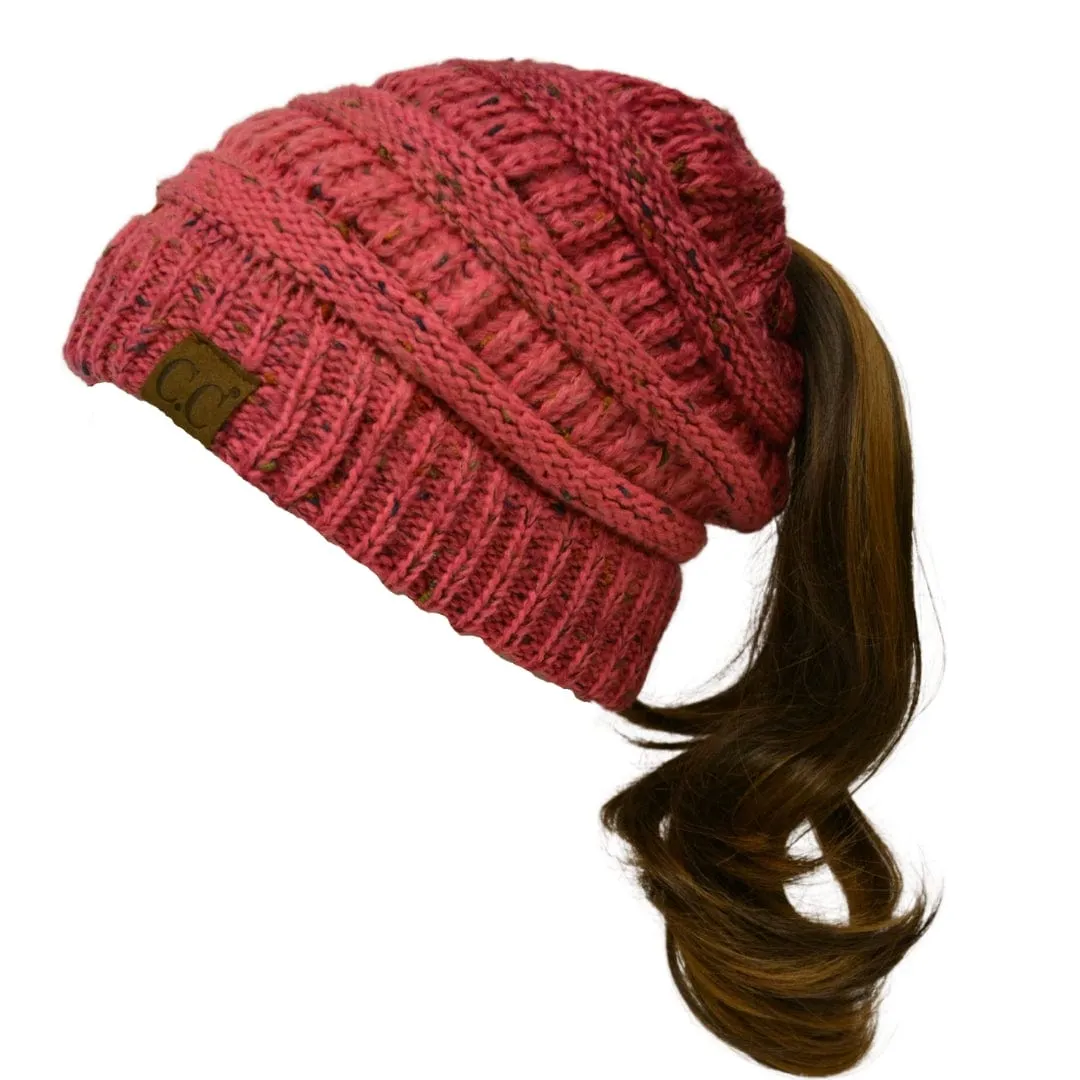 C.C MB817 - Soft Stretch Cable Knit Warm Hat High Bun Ponytail Ombre Confetti Beanie