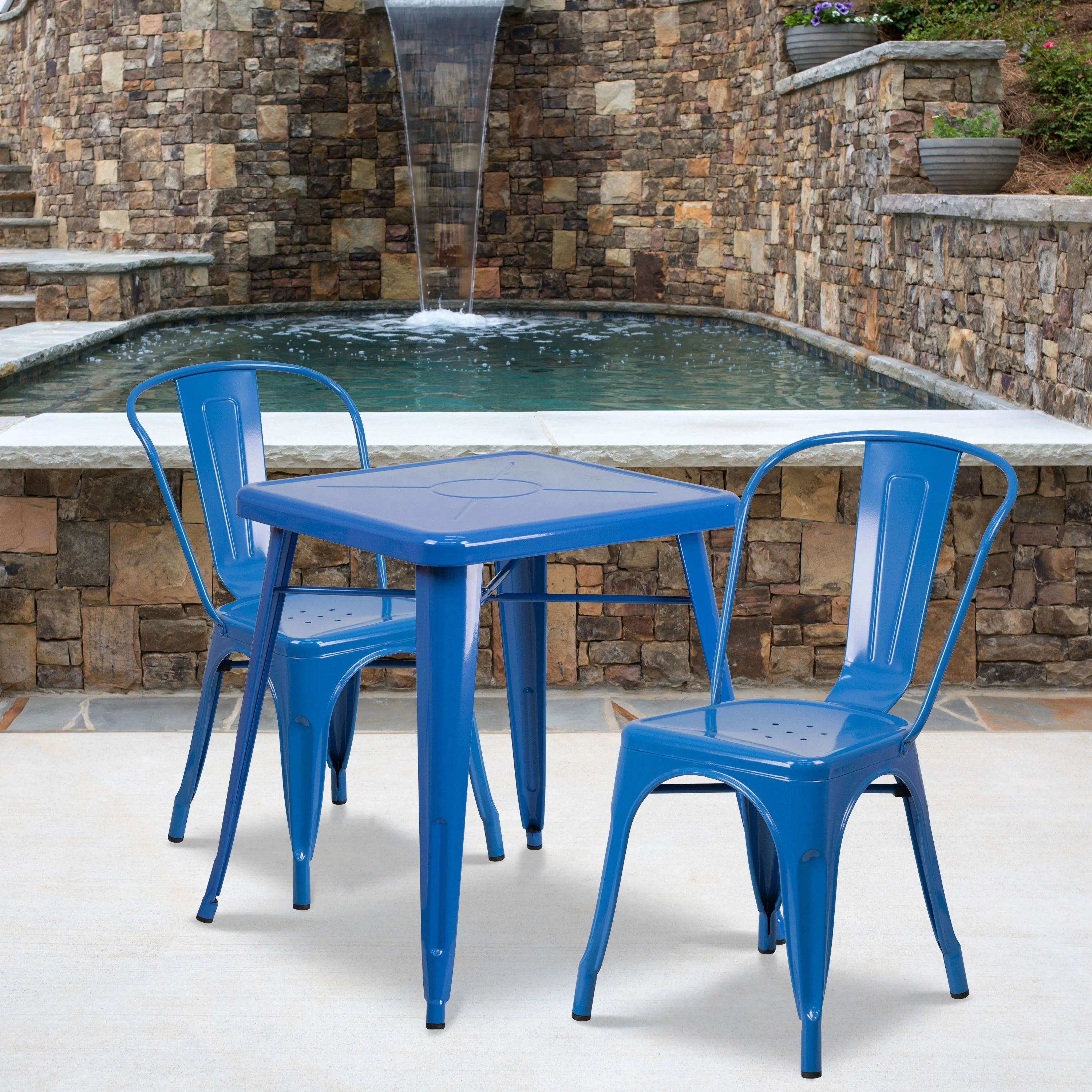 Commercial Grade 23.75" Square Metal Indoor-Outdoor Table Set with 2 Stack Chairs
