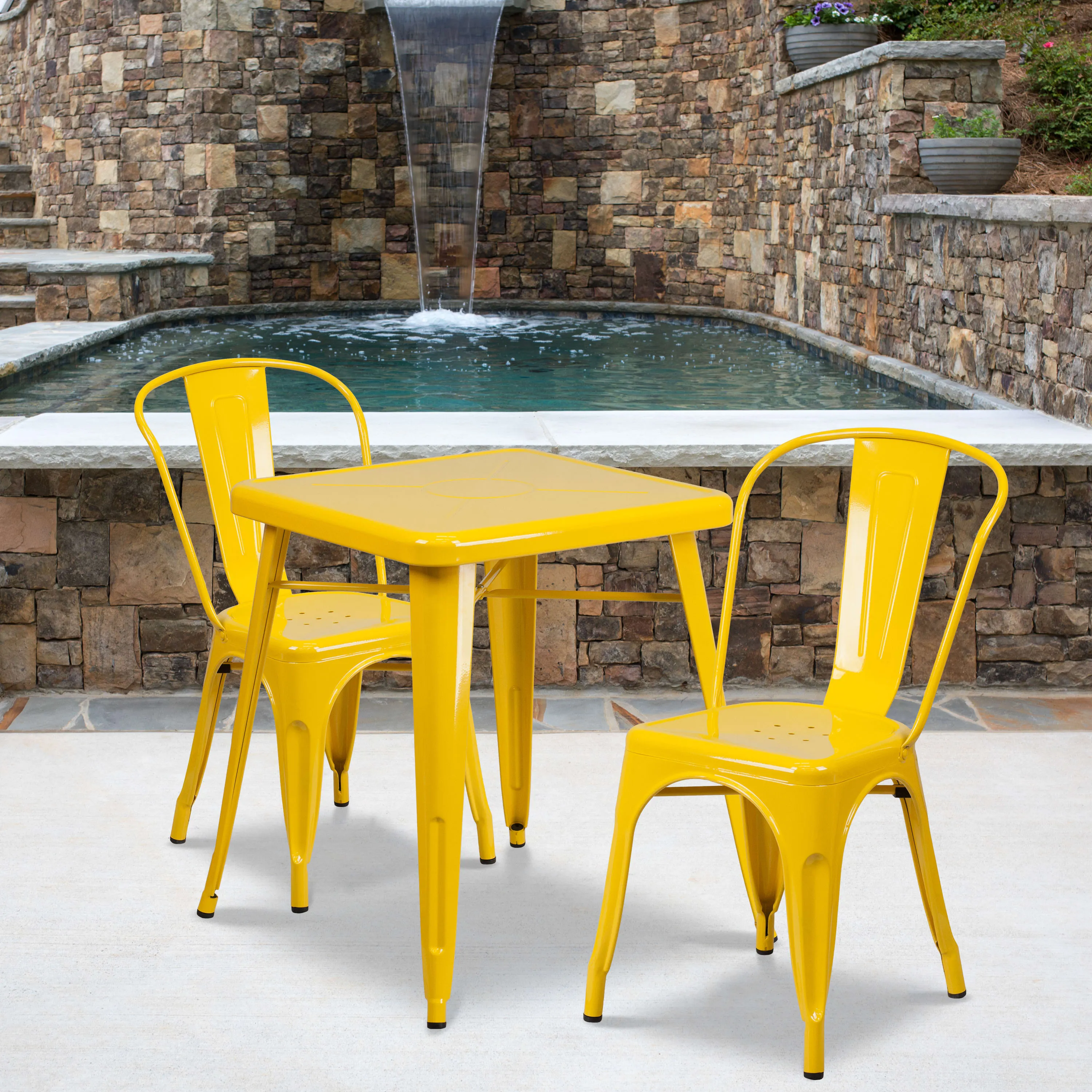 Commercial Grade 23.75" Square Metal Indoor-Outdoor Table Set with 2 Stack Chairs