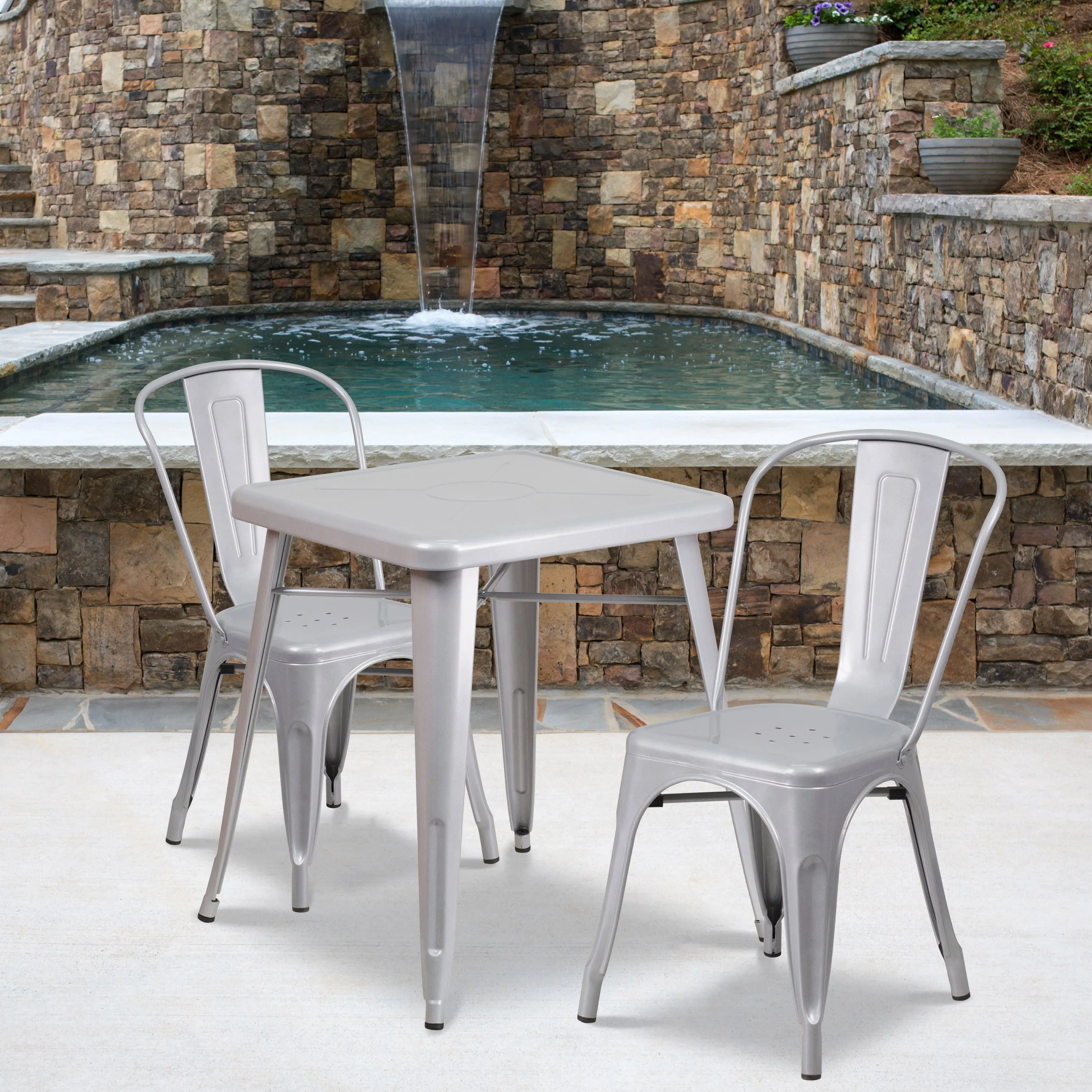 Commercial Grade 23.75" Square Metal Indoor-Outdoor Table Set with 2 Stack Chairs