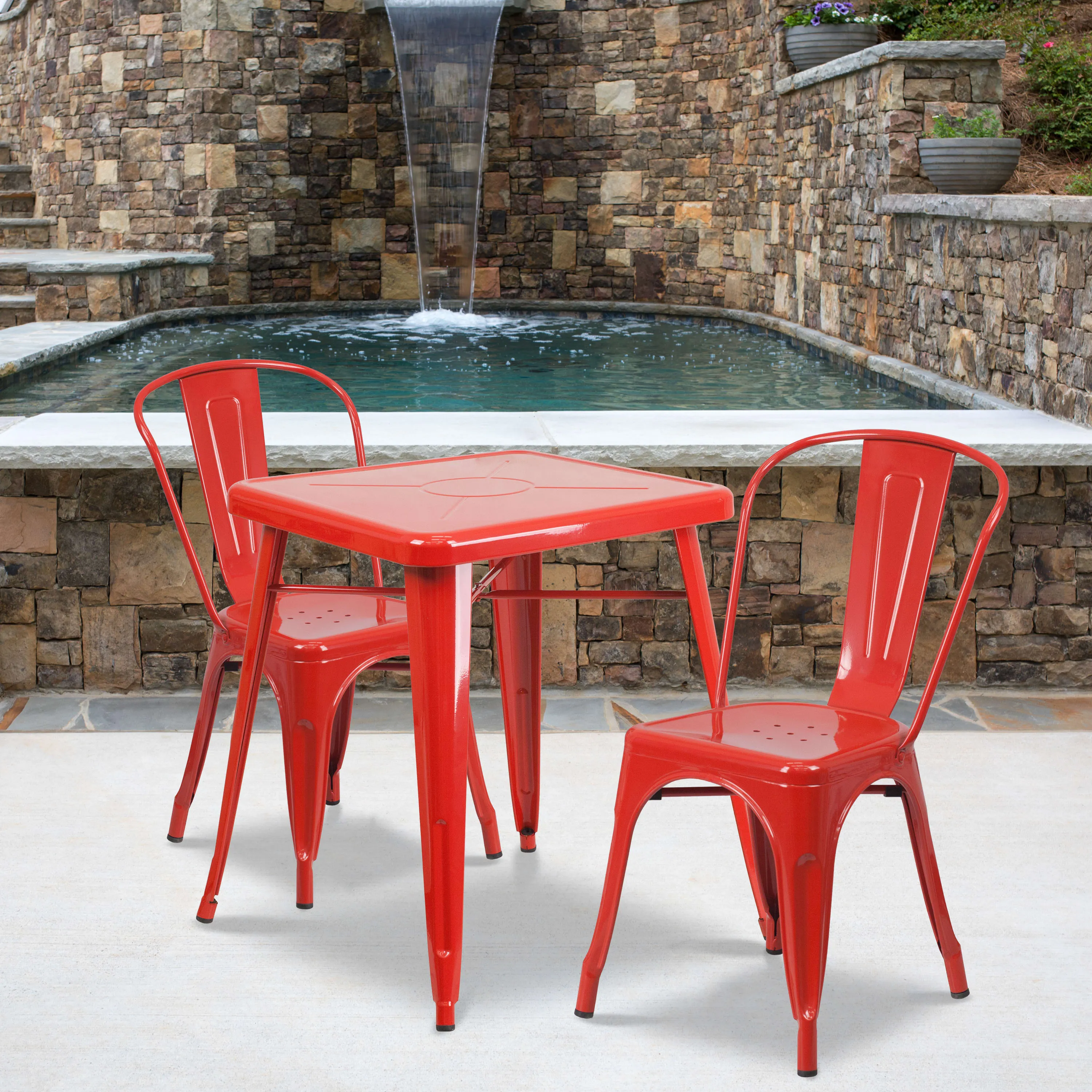 Commercial Grade 23.75" Square Metal Indoor-Outdoor Table Set with 2 Stack Chairs
