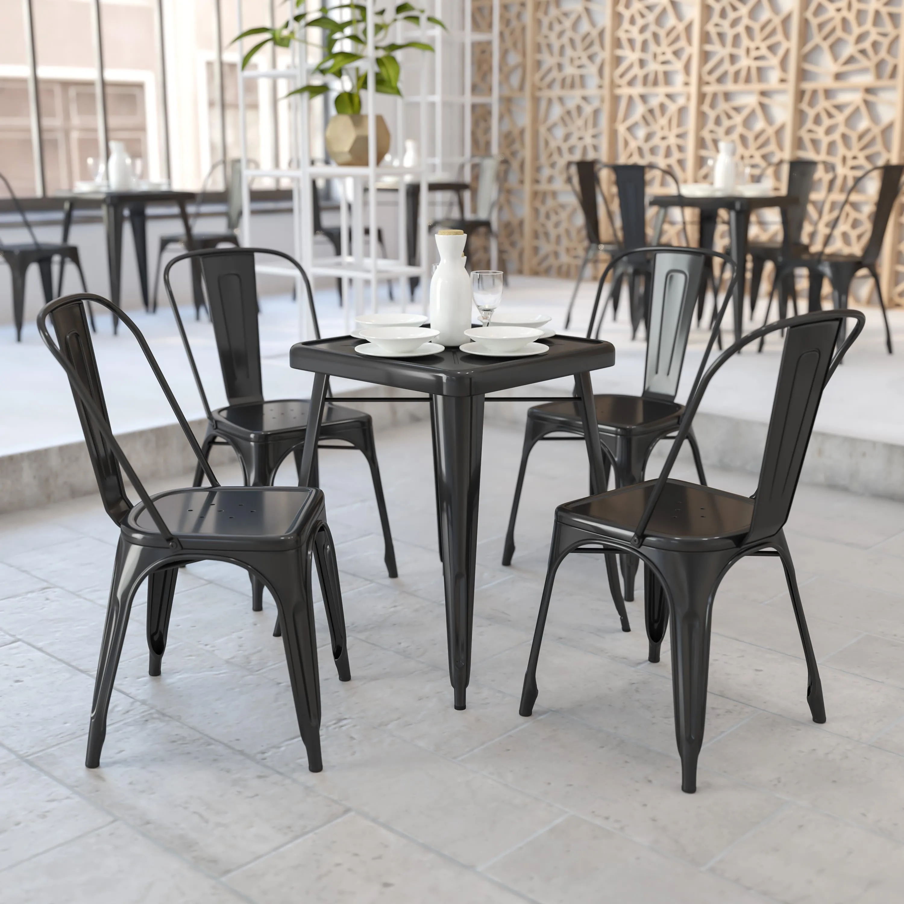 Commercial Grade 23.75" Square Metal Indoor-Outdoor Table Set with 2 Stack Chairs