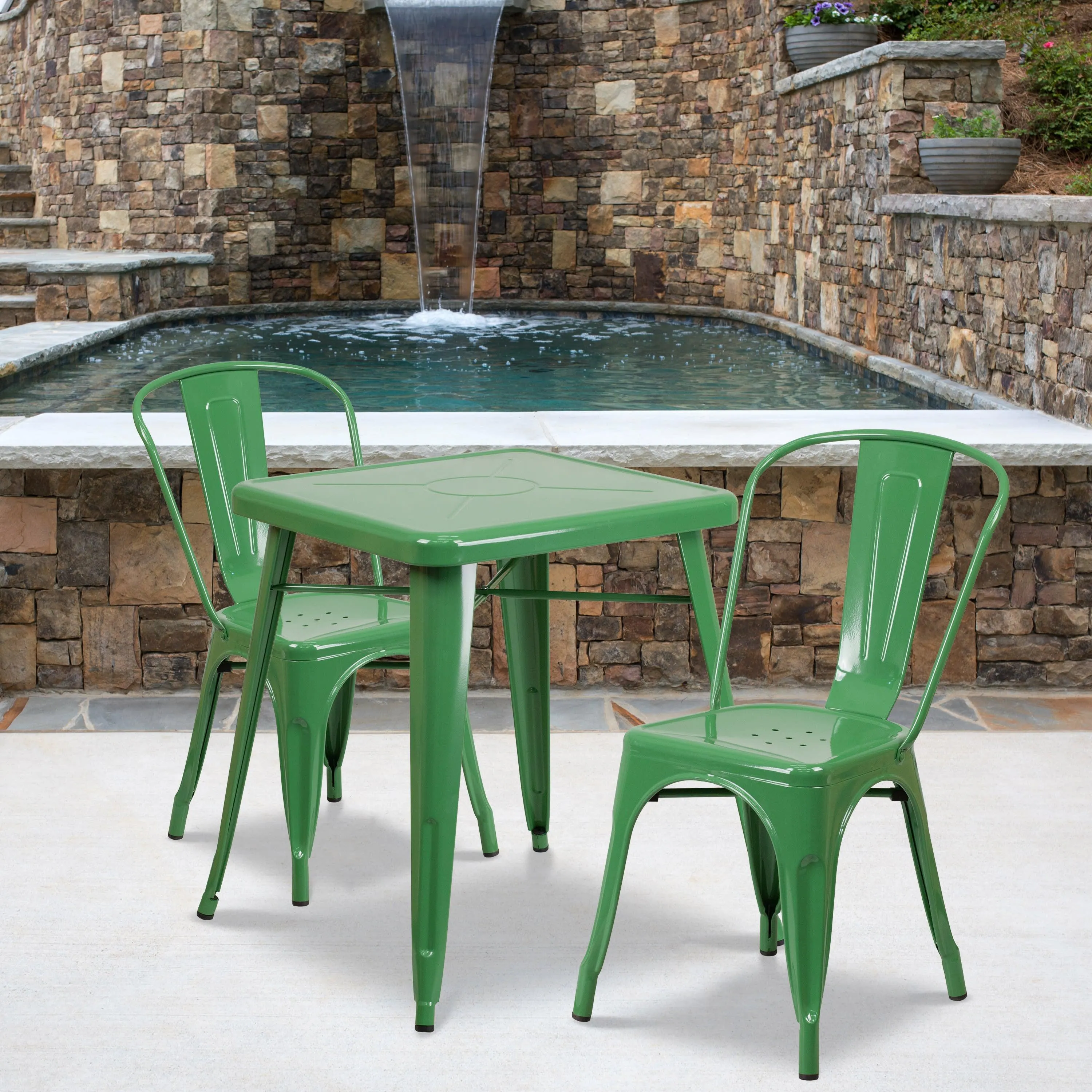 Commercial Grade 23.75" Square Metal Indoor-Outdoor Table Set with 2 Stack Chairs
