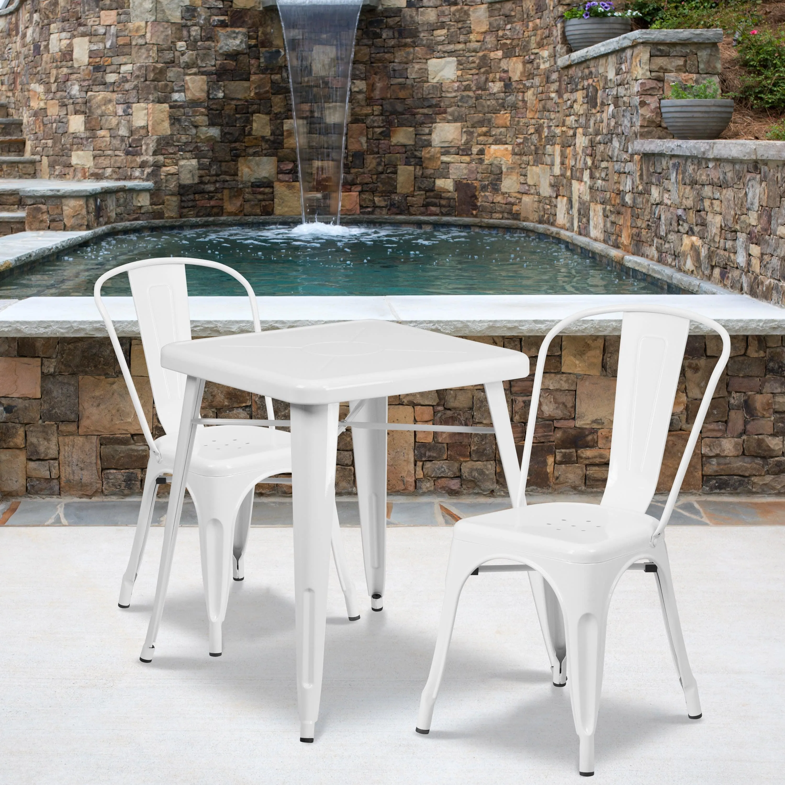 Commercial Grade 23.75" Square Metal Indoor-Outdoor Table Set with 2 Stack Chairs