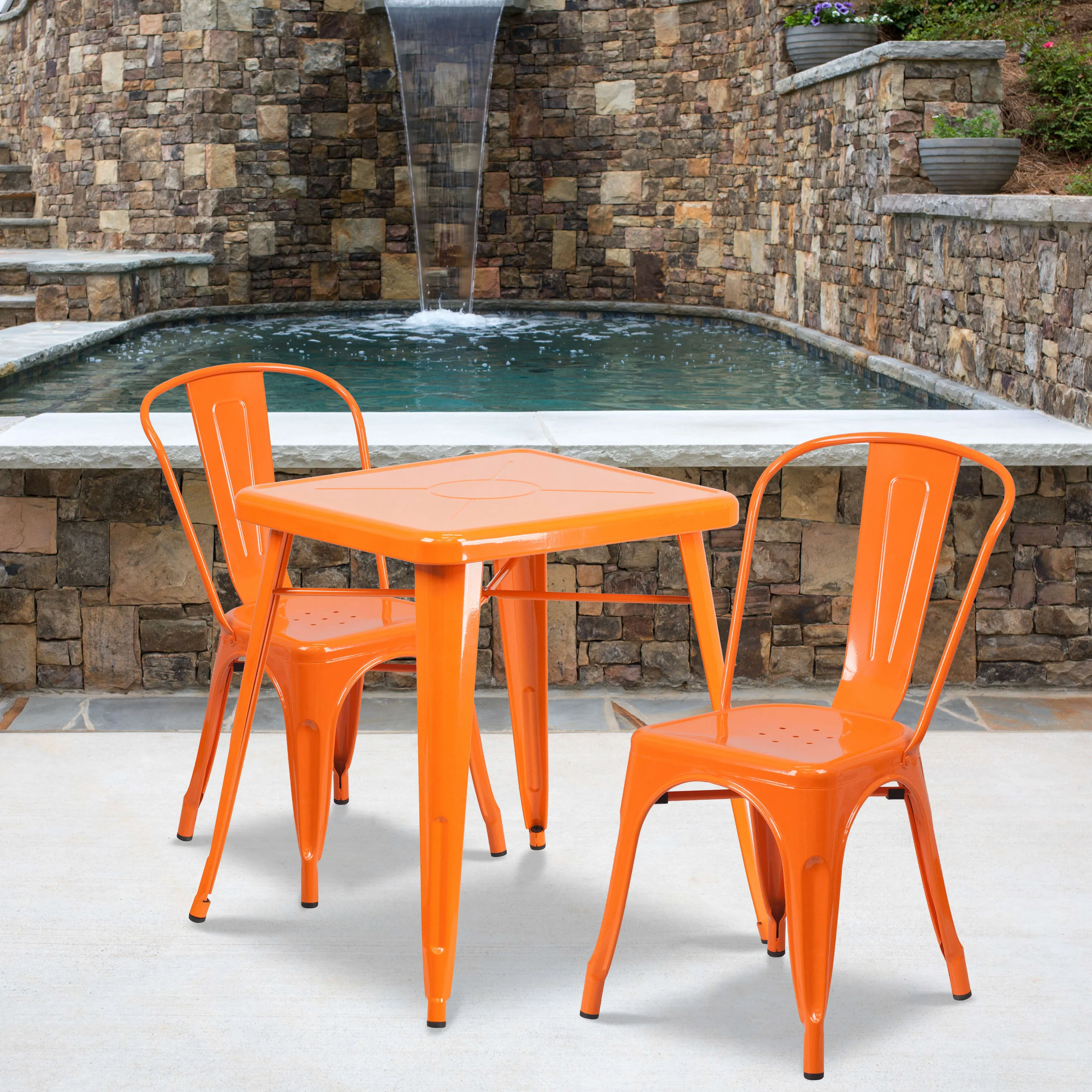 Commercial Grade 23.75" Square Metal Indoor-Outdoor Table Set with 2 Stack Chairs