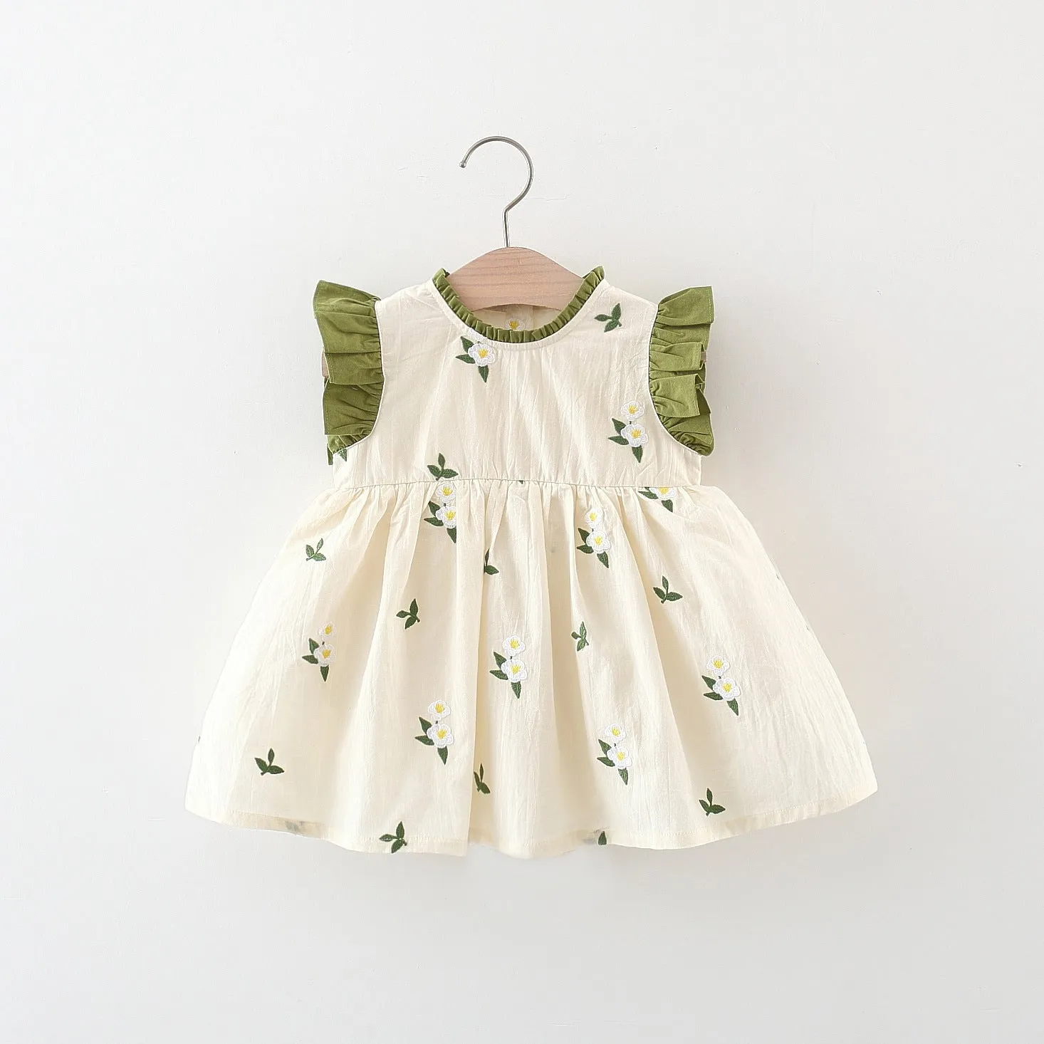 DUNNMALL  1-3 Years Old Summer Girl Dress New Korean Style Embroidered Bow Flounced Sleeve Cotton Dress Fashionable Princess Dress 2