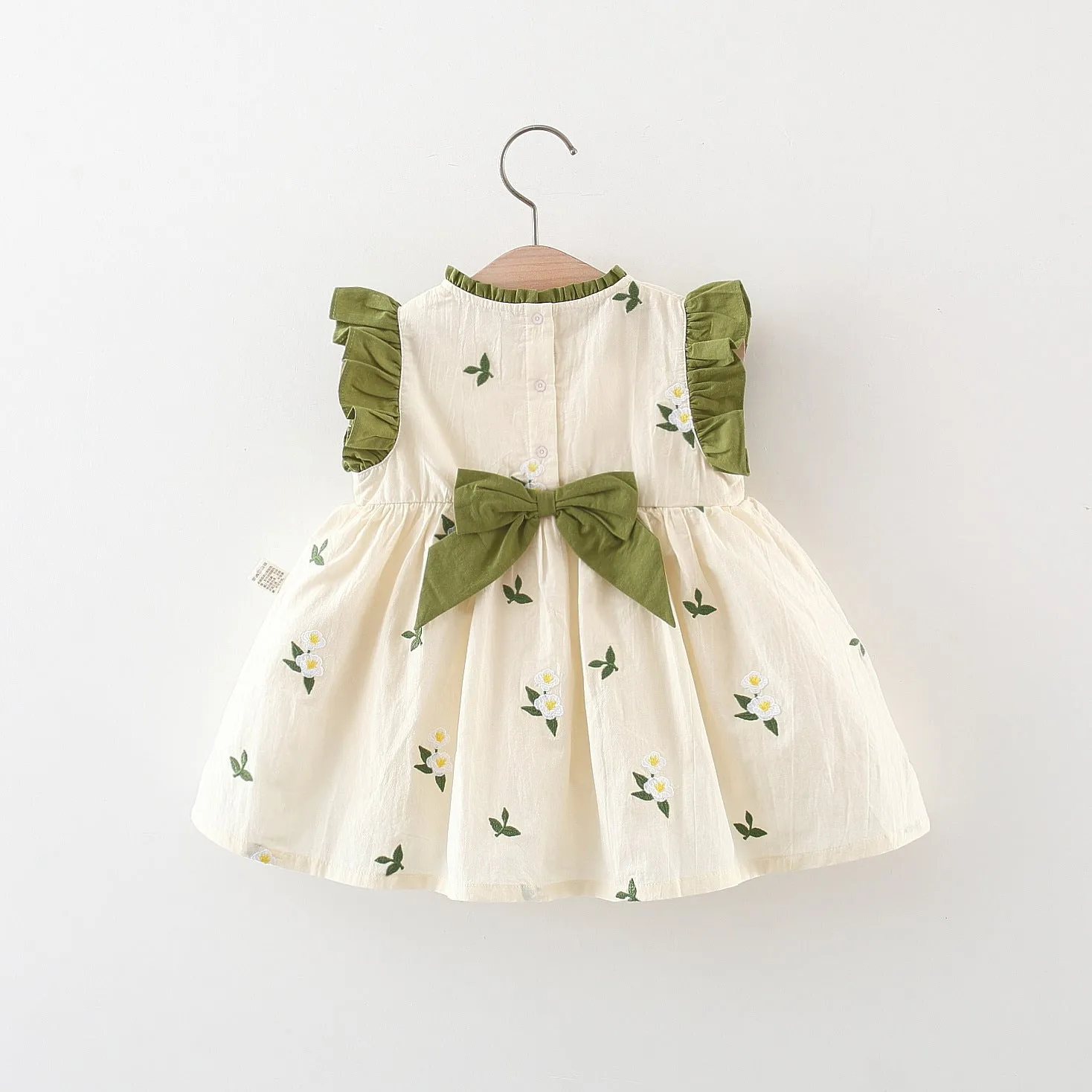 DUNNMALL  1-3 Years Old Summer Girl Dress New Korean Style Embroidered Bow Flounced Sleeve Cotton Dress Fashionable Princess Dress 2