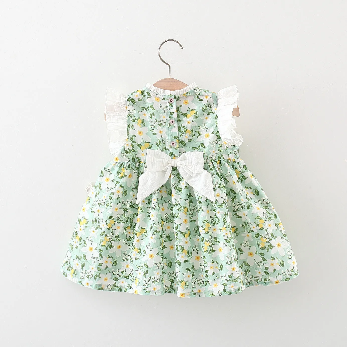 DUNNMALL  1-3 Years Old Summer Girl Dress New Korean Style Embroidered Bow Flounced Sleeve Cotton Dress Fashionable Princess Dress 2