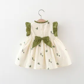 DUNNMALL  1-3 Years Old Summer Girl Dress New Korean Style Embroidered Bow Flounced Sleeve Cotton Dress Fashionable Princess Dress 2