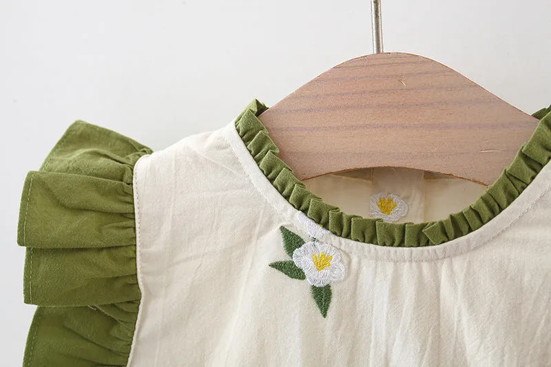 DUNNMALL  1-3 Years Old Summer Girl Dress New Korean Style Embroidered Bow Flounced Sleeve Cotton Dress Fashionable Princess Dress 2