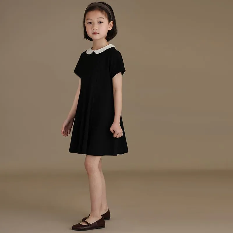 DUNNMALL  Children's Clothing Summer New Girls' Japanese Temperament Doll Collar Black, Short Sleeve Dress Princess Dress Western Style