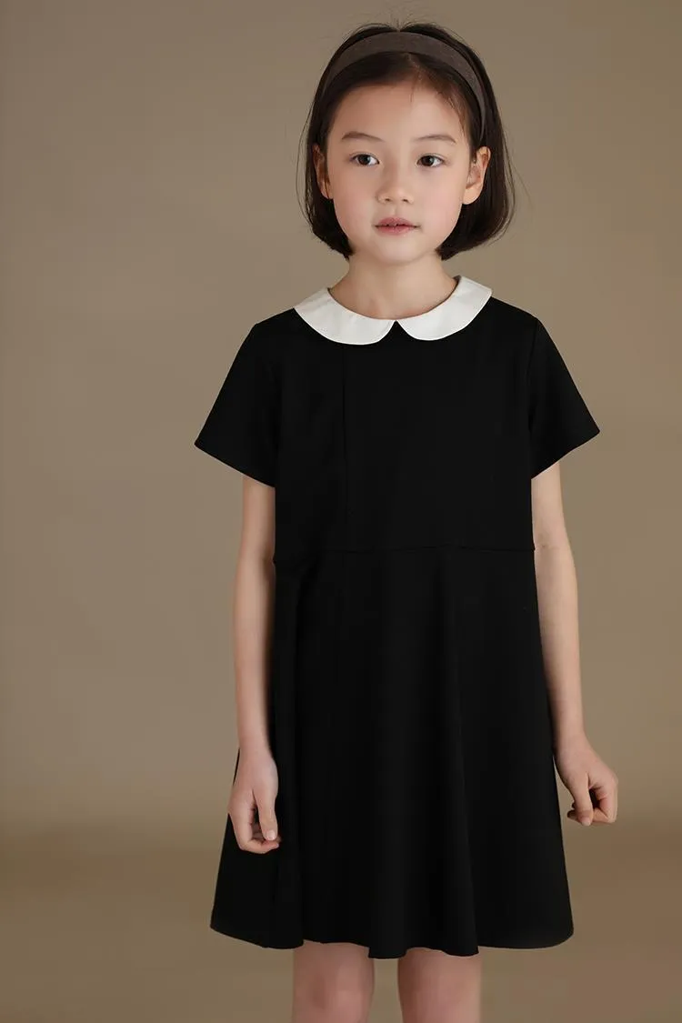 DUNNMALL  Children's Clothing Summer New Girls' Japanese Temperament Doll Collar Black, Short Sleeve Dress Princess Dress Western Style