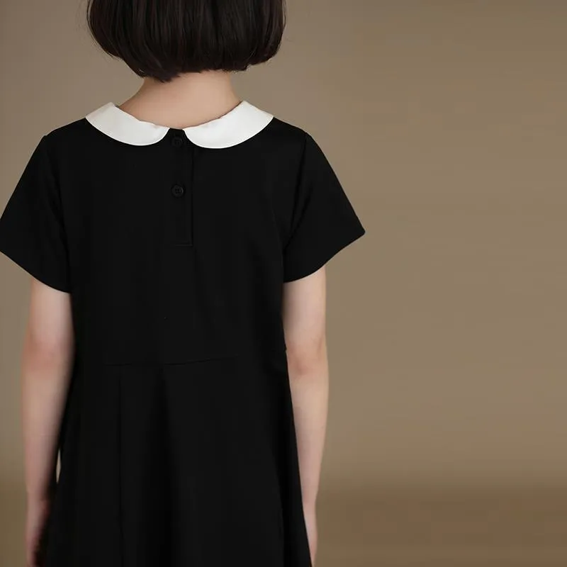 DUNNMALL  Children's Clothing Summer New Girls' Japanese Temperament Doll Collar Black, Short Sleeve Dress Princess Dress Western Style