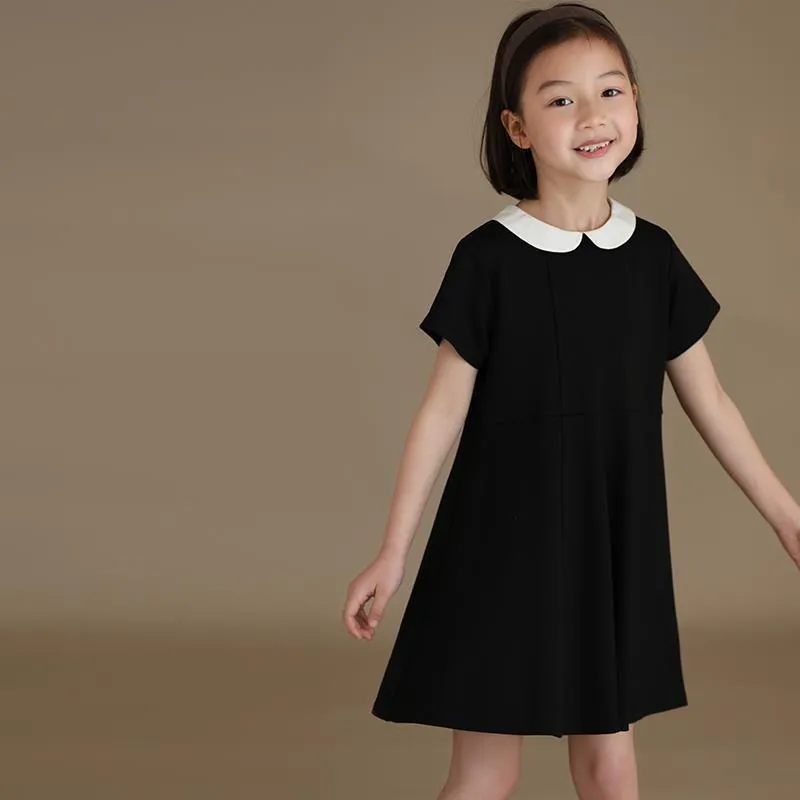 DUNNMALL  Children's Clothing Summer New Girls' Japanese Temperament Doll Collar Black, Short Sleeve Dress Princess Dress Western Style