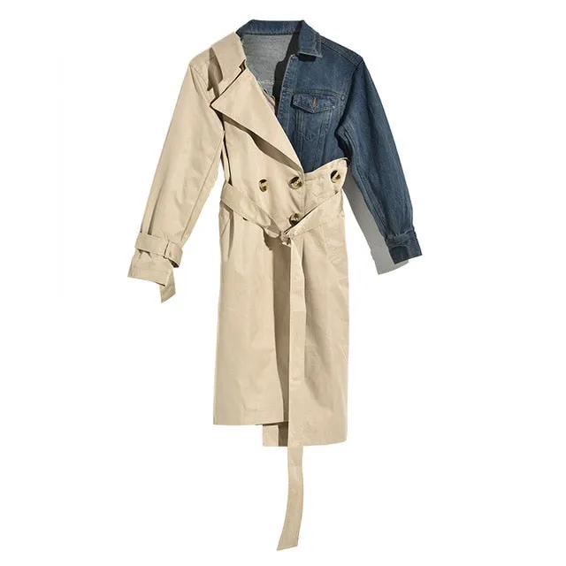 [EAM] 2020 New Spring Autumn Lapel Long Sleeve Hit Color Denim Split Joint Long Windbreaker Women Trench Fashion Tide YE5371