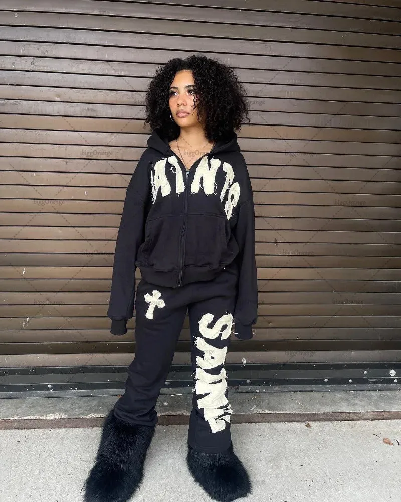 Flytonntore-Streetwear Men Outfits Tomboy Fits -Men Fall Outfits Outwear Streetwear y2k 90s Fashion Y2K New American Retro Style Sports Pants LetterEmbroidery Loose Knitted Pants Women Cross Trend Brand Casual Wide Leg Pants Men