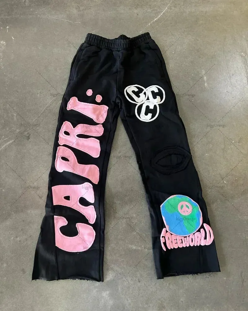 Flytonntore-Streetwear Men Outfits Tomboy Fits -Men Fall Outfits Outwear Streetwear y2k 90s Fashion Y2K New American Retro Style Sports Pants LetterEmbroidery Loose Knitted Pants Women Cross Trend Brand Casual Wide Leg Pants Men
