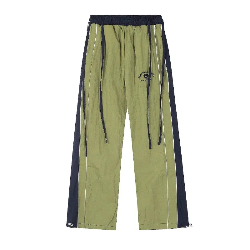 Girlary Quick Drying Rushing Sweatpants Women American Retro Casual Color Blocking Outdoor Loose Wide Leg Green Pants Tide Running Pants