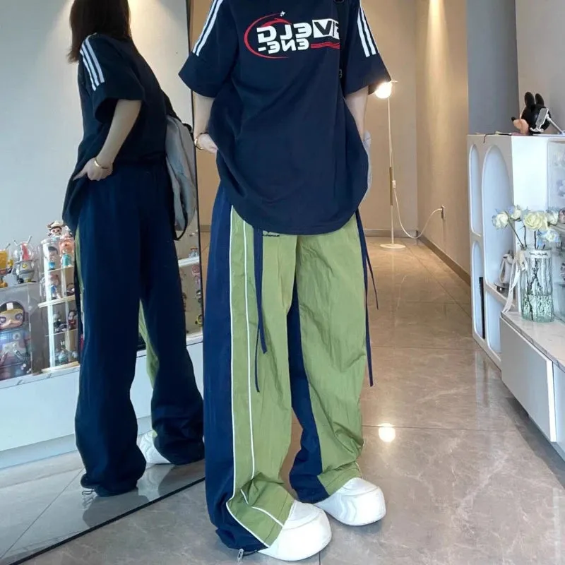 Girlary Quick Drying Rushing Sweatpants Women American Retro Casual Color Blocking Outdoor Loose Wide Leg Green Pants Tide Running Pants