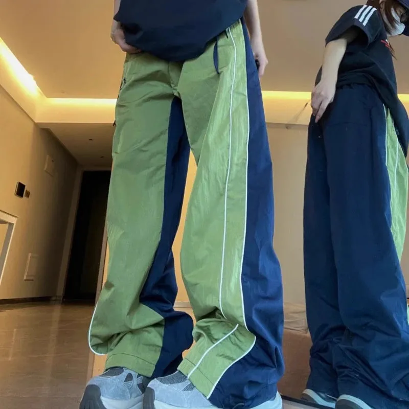 Girlary Quick Drying Rushing Sweatpants Women American Retro Casual Color Blocking Outdoor Loose Wide Leg Green Pants Tide Running Pants