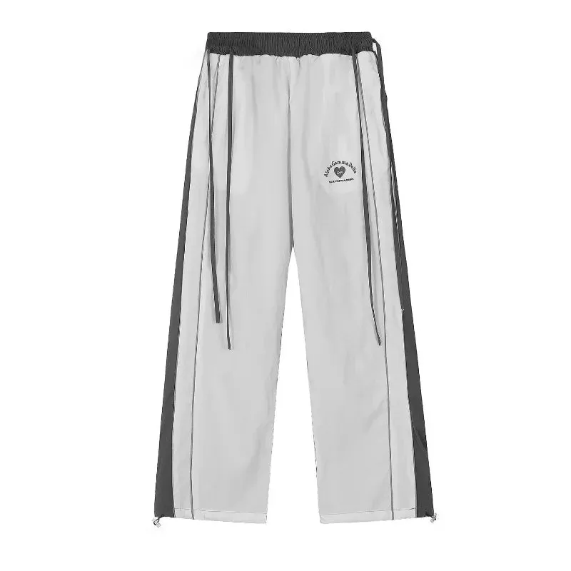 Girlary Quick Drying Rushing Sweatpants Women American Retro Casual Color Blocking Outdoor Loose Wide Leg Green Pants Tide Running Pants