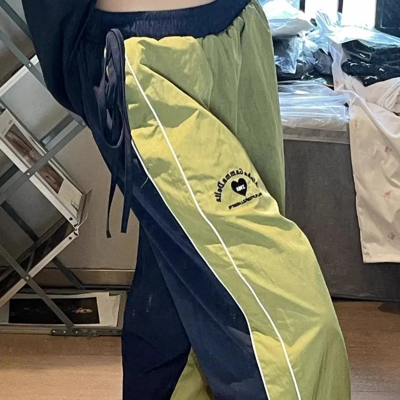 Girlary Quick Drying Rushing Sweatpants Women American Retro Casual Color Blocking Outdoor Loose Wide Leg Green Pants Tide Running Pants