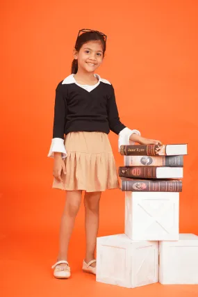 Girls 100% Cotton Knit collared black top with pleated brown skorts set