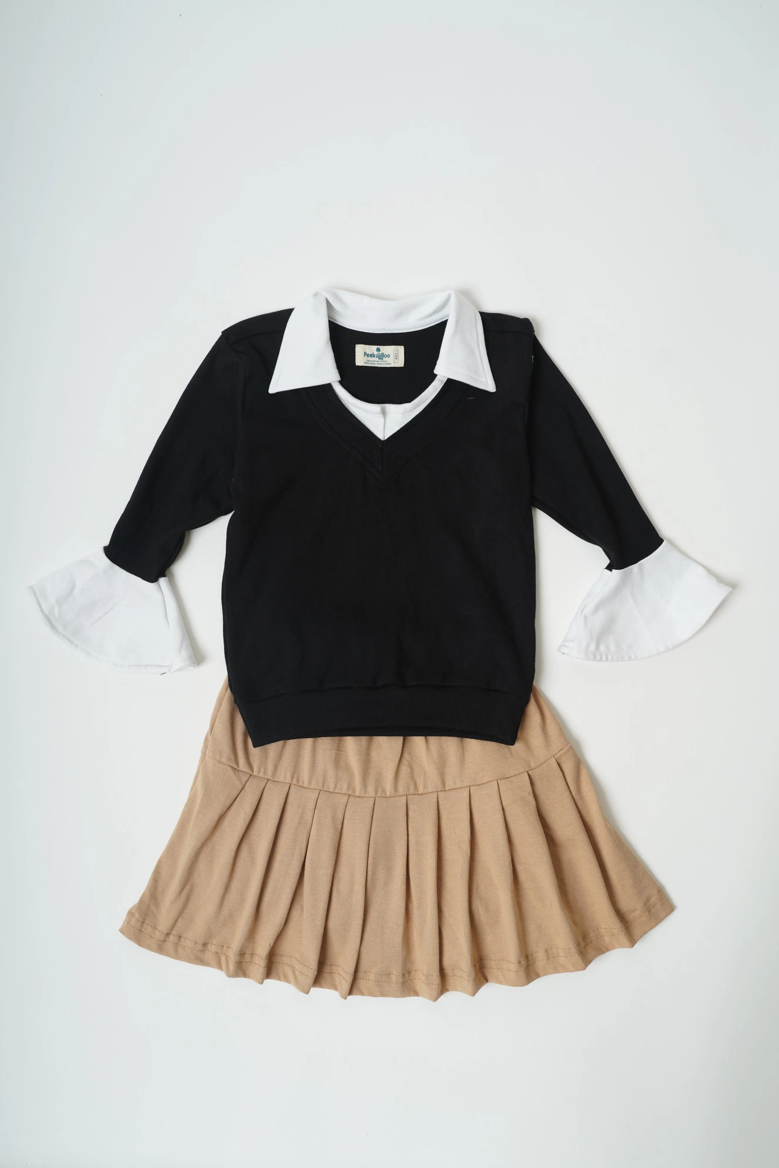 Girls 100% Cotton Knit collared black top with pleated brown skorts set
