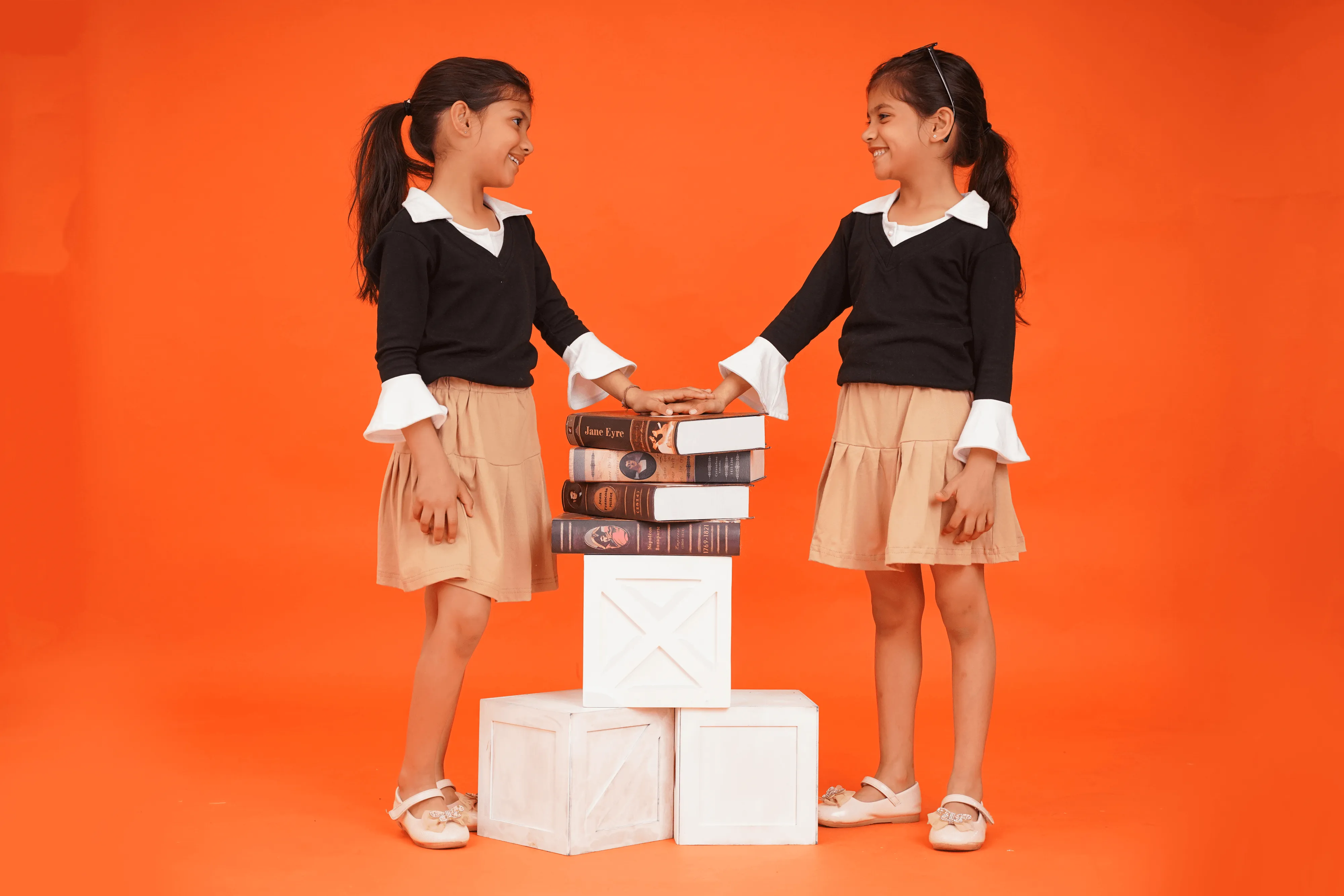 Girls 100% Cotton Knit collared black top with pleated brown skorts set