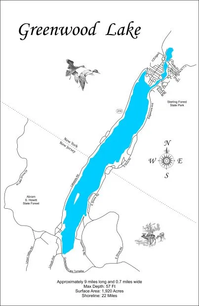 Greenwood Lake in New York and New Jersey - Laser Cut Wood Map