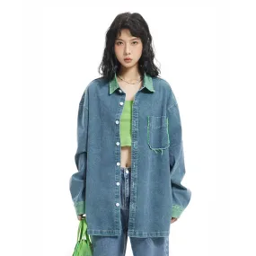 Hit Color Denim Jackets For Women Lapel Long Sleeve Spliced Single Breasted Vintage Jacket Female Fashion Clothes