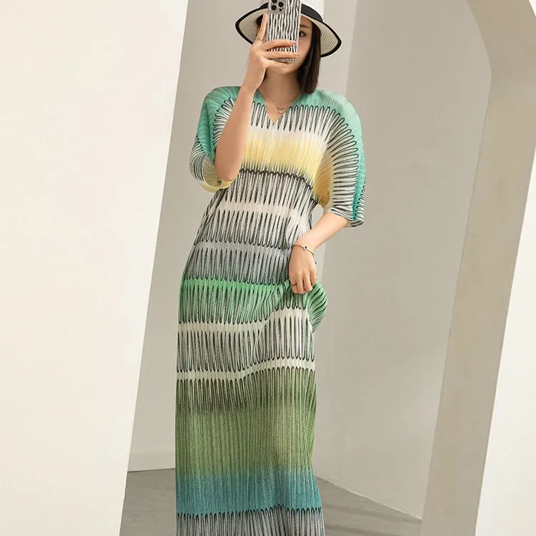 ikearlax HOTan Station Temperament plus Size Dress Spring and Summer New Retro Printed Batwing Sleeve V-neck Pleated Long-Sleeved Dress